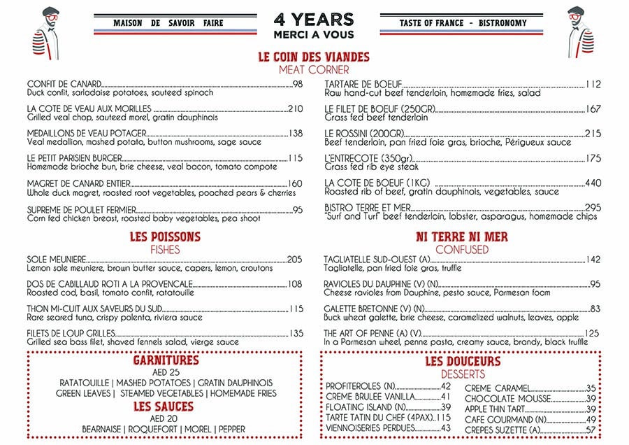 Food Menu Bistro Des Arts